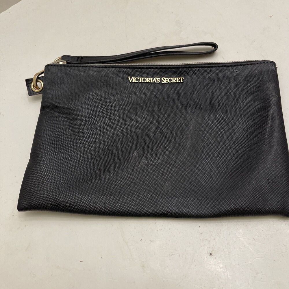 VTG Victoria Secret Black Wristlet Makeup Bag Purse Vinyl Gold Logo